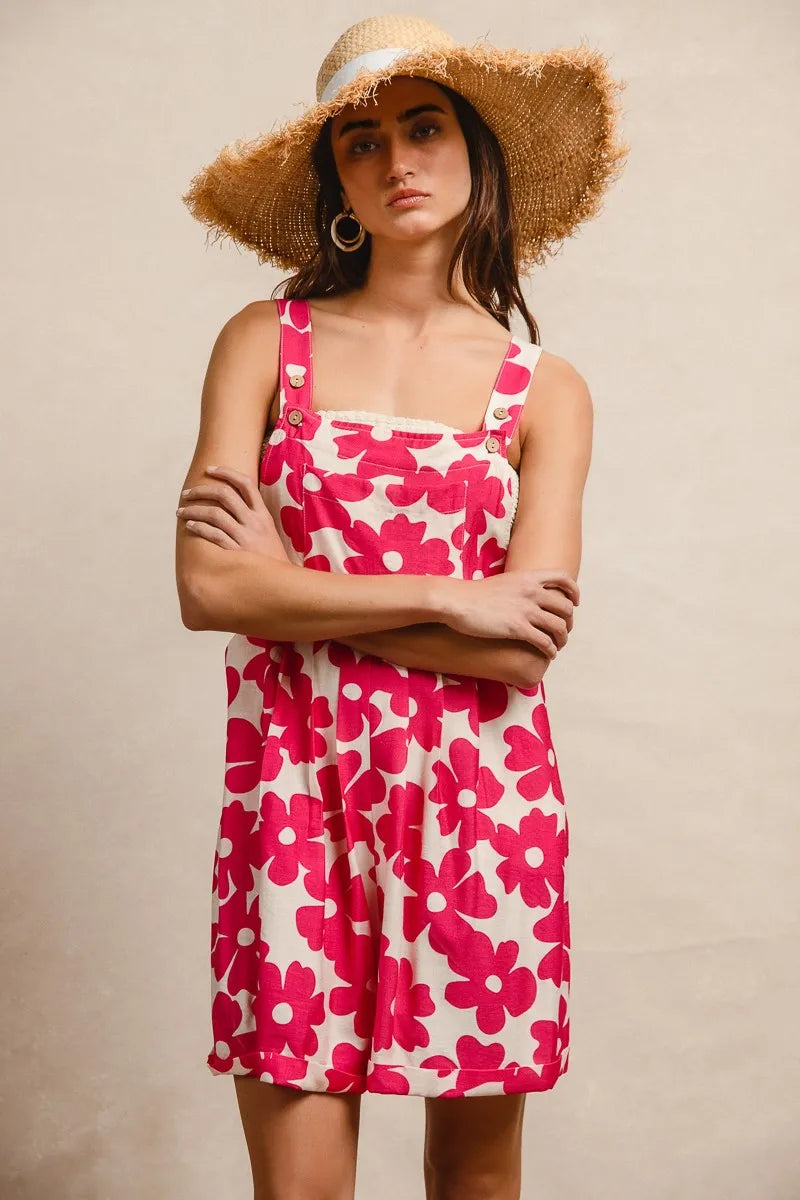 BiBi Floral Prints Tuck Detail Short Overall With Pockets Overalls