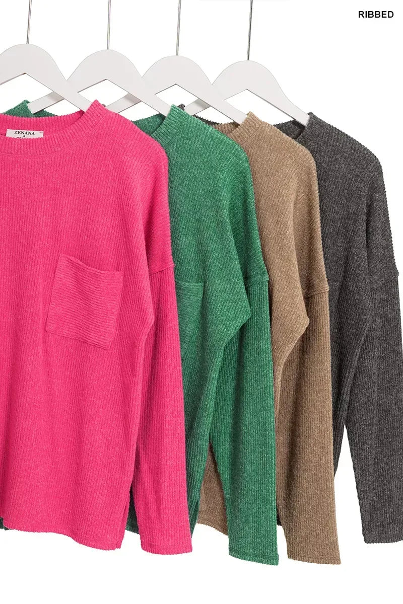 Zenana Ribbed Brushed Melange Hacci Sweater with Chest Pocket - DAVERRI FASHIONS
