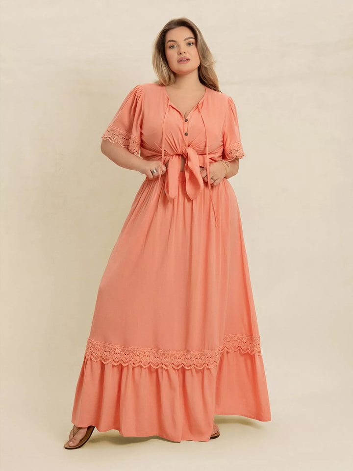 Plus Size Lace Detail Tie Neck Top and Skirt Set | Outfit Sets Daverri Fashions