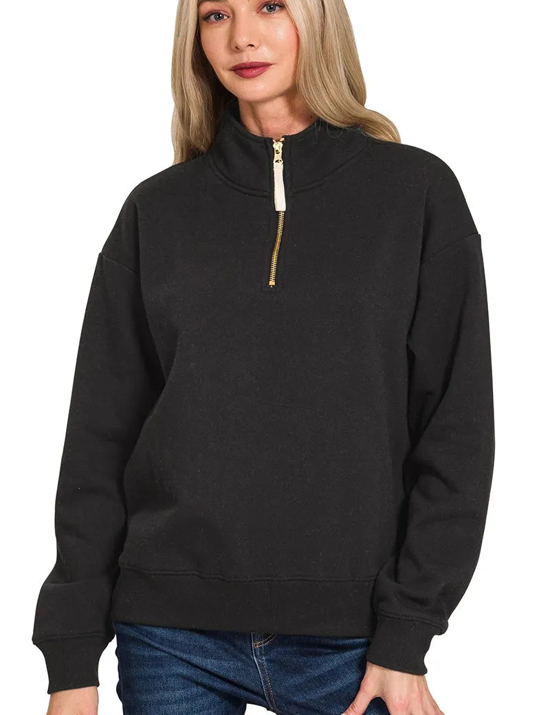 Zenana Fleece Half Zip Sweatshirt Black | Sweatshirts Daverri Fashions