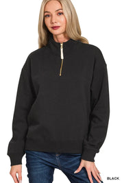 Zenana Fleece Half Zip Sweatshirt Black | Sweatshirts Daverri Fashions