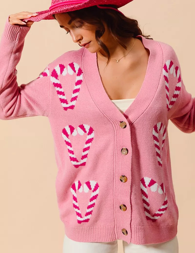 SO ME Christmas Candy Cane Button Front Sweater Cardigan | Cardigans Daverri Fashions