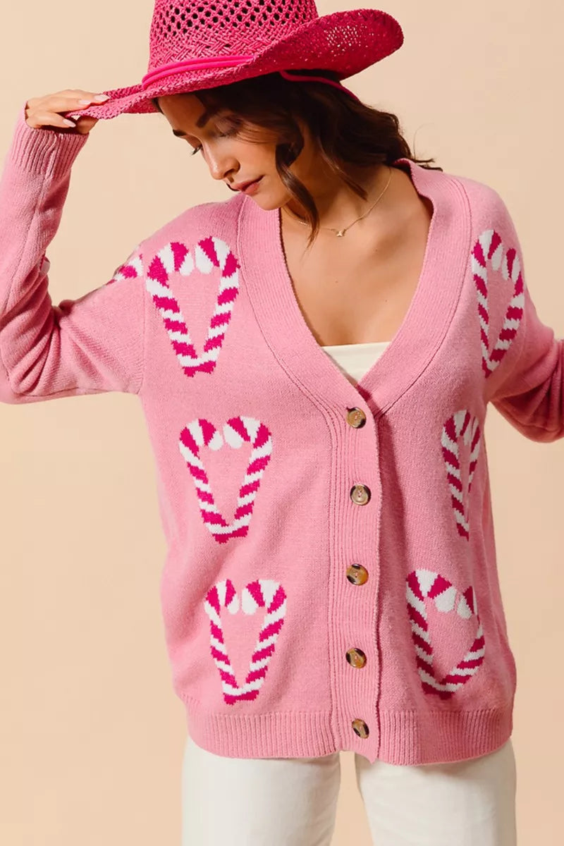 SO ME Christmas Candy Cane Button Front Sweater Cardigan | Cardigans Daverri Fashions