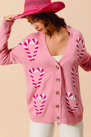 SO ME Christmas Candy Cane Button Front Sweater Cardigan | Cardigans Daverri Fashions