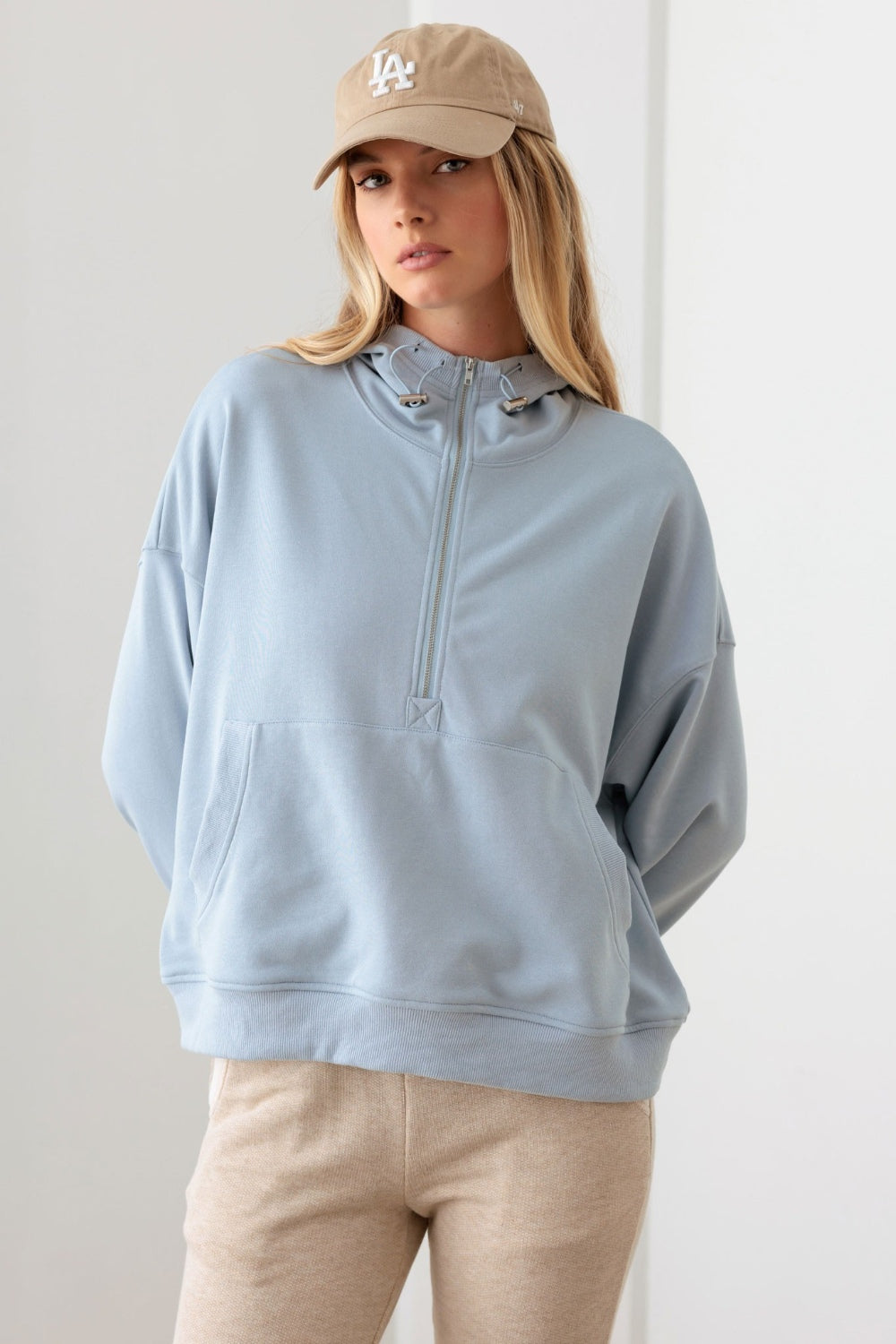 Half Zip Drawstring Mock Neck Hoodie Baby Blue Tops