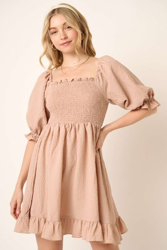 Mittoshop Smocked Ruffled Hem Half Sleeve Mini Dress Taupe Mini Dresses