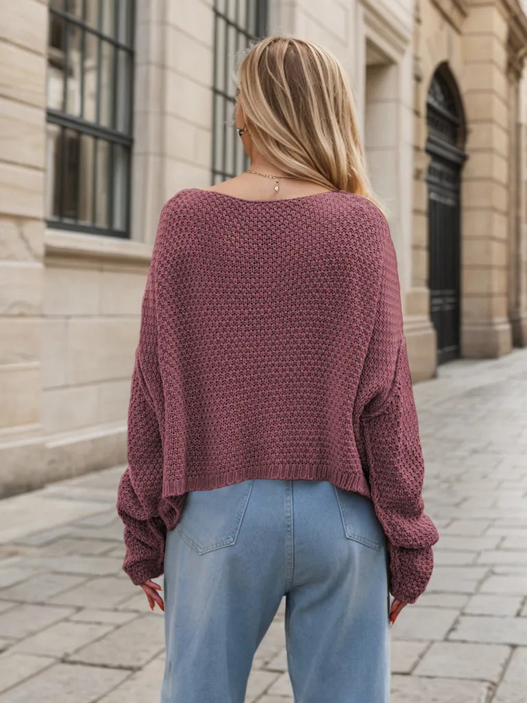 Cozy dusty rose round neck dropped shoulder long sleeve knitted sweater