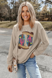 Full Size Sequin Boots Round Neck Long Sleeve Sweatshirt | Sweatshirts Daverri Fashions