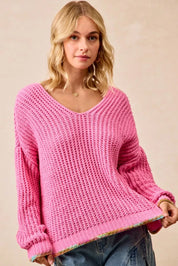 BiBi V-Neck Sweater with Colorful Trim | Daverri Fashions