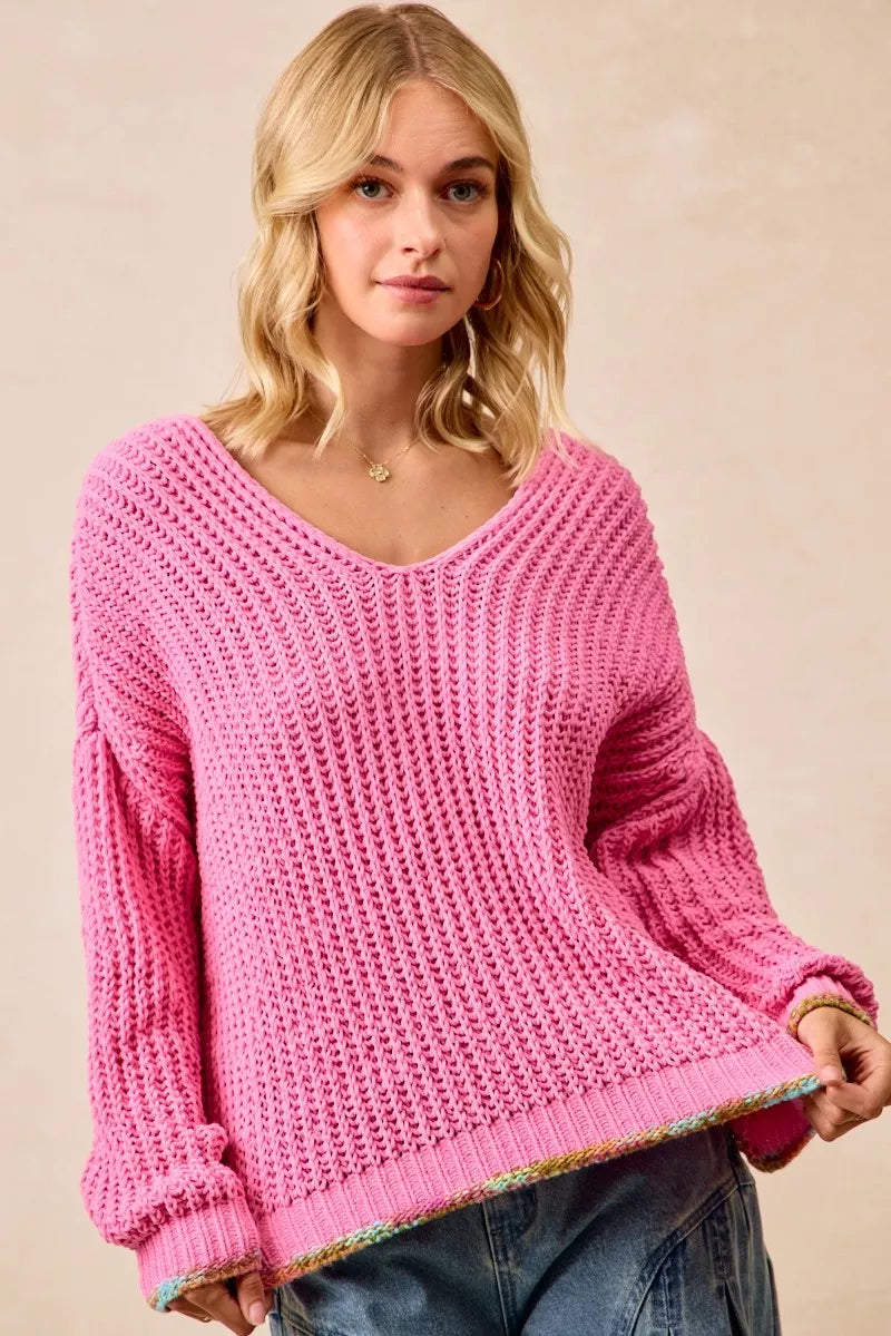 BiBi V-Neck Sweater with Colorful Trim | Daverri Fashions