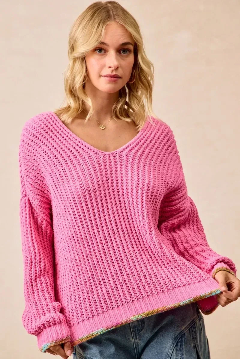 BiBi V-Neck Sweater with Colorful Trim - DAVERRI FASHIONS