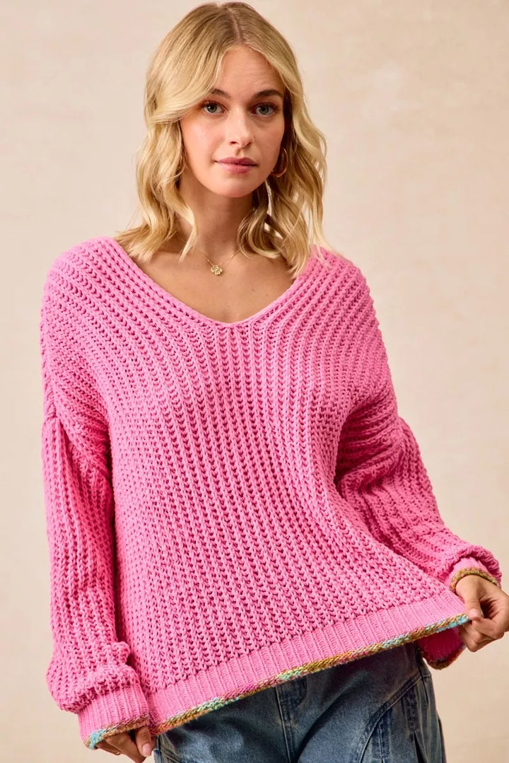 BiBi V-Neck Sweater with Colorful Trim | Daverri Fashions