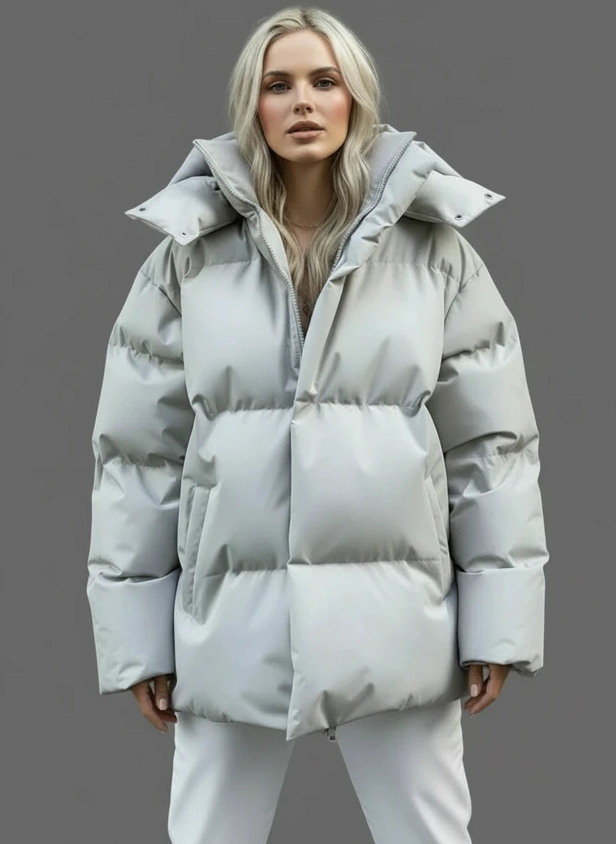 Light gray hooded puffer jacket with pockets and zipper