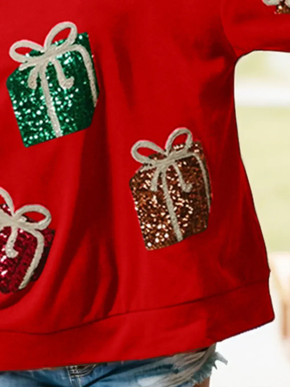 Sequin Gift Box Long Sleeve Sweatshirt - DAVERRI FASHIONS