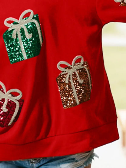 Sequin Gift Box Long Sleeve Sweatshirt - DAVERRI FASHIONS