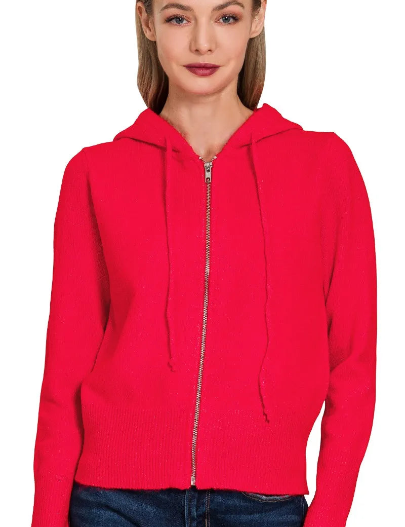 RED Zenana Drawstring Zip Up Hooded Cardigan Red | Cardigans Daverri Fashions