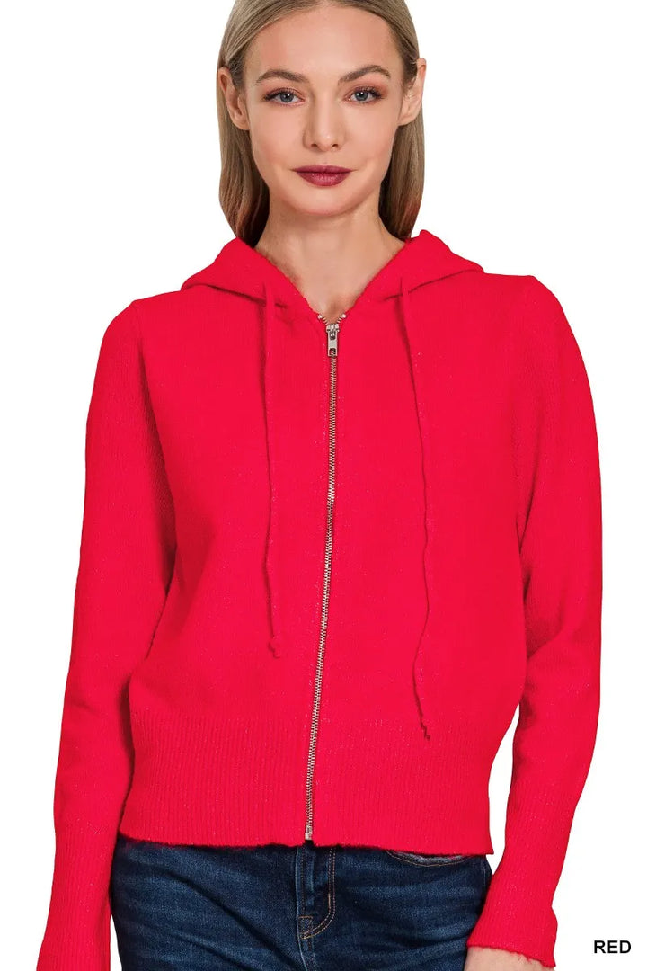 Zenana Drawstring Zip Up Hooded Cardigan RED Cardigans