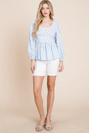 Lime 'N' Chili Polka Dot Print Balloon Sleeve Babydoll Peplum Top | Tops Daverri Fashions