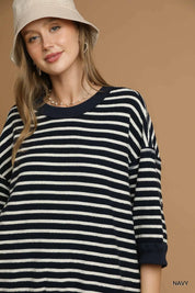 Umgee Ribbed Hem Striped Oversized Knit Top | Tops Daverri Fashions
