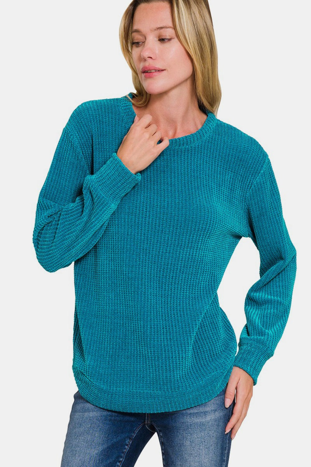 Chenille Waffle Round Neck Sweater Ocean Teal Tops