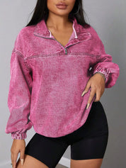 Zip Collar Long Sleeve Denim Top | Tops Daverri Fashions