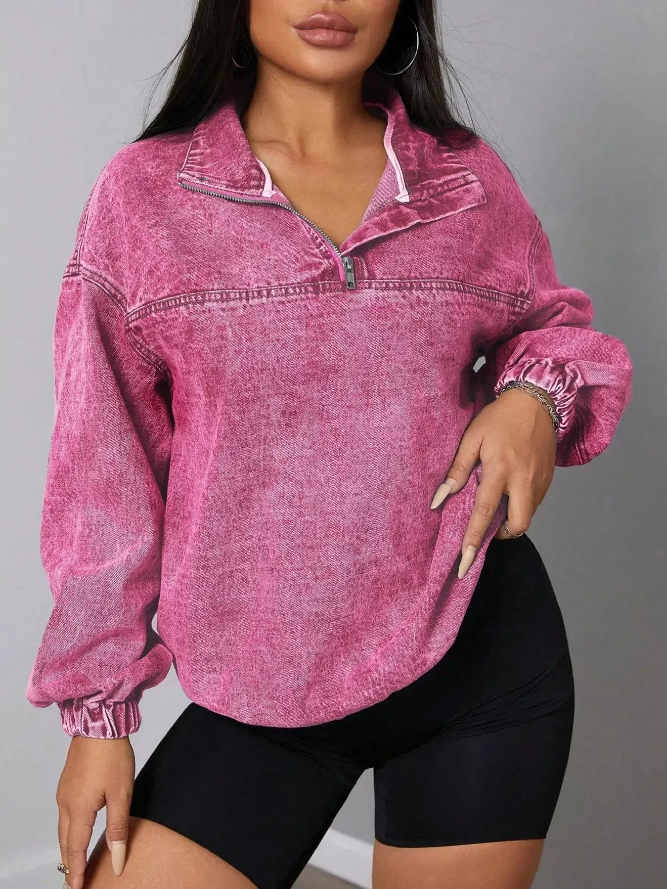 Zip Collar Long Sleeve Denim Top - DAVERRI FASHIONS