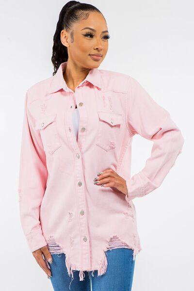 American Bazi Frayed Hem Distressed Denim Jacket Pink M Jackets