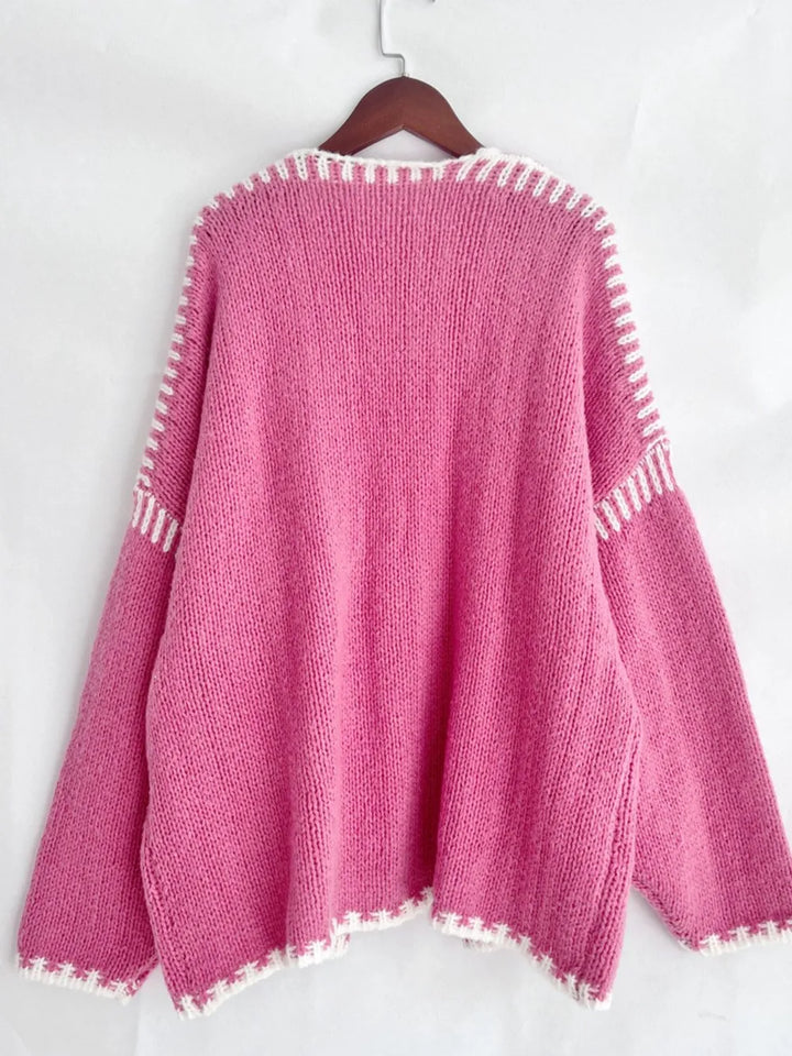 Double Take Contrast Open Front Dropped Shoulder Cardigan | Cardigans Daverri Fashions