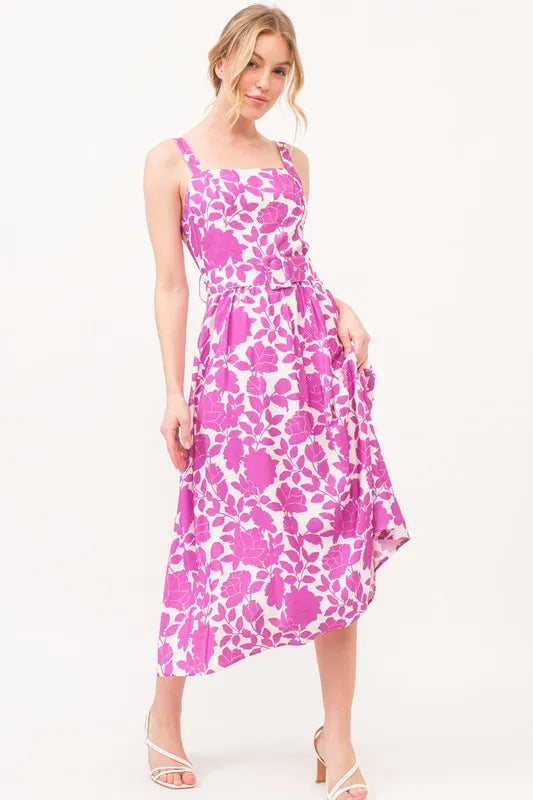 Magenta And The Why Square Neck Belted Floral Printed Midi Dress | Midi Dresses Daverri Fashions
