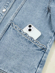 Scallop Trim Collar Patched Pocket Button Up Denim Jacket - DAVERRI FASHIONS