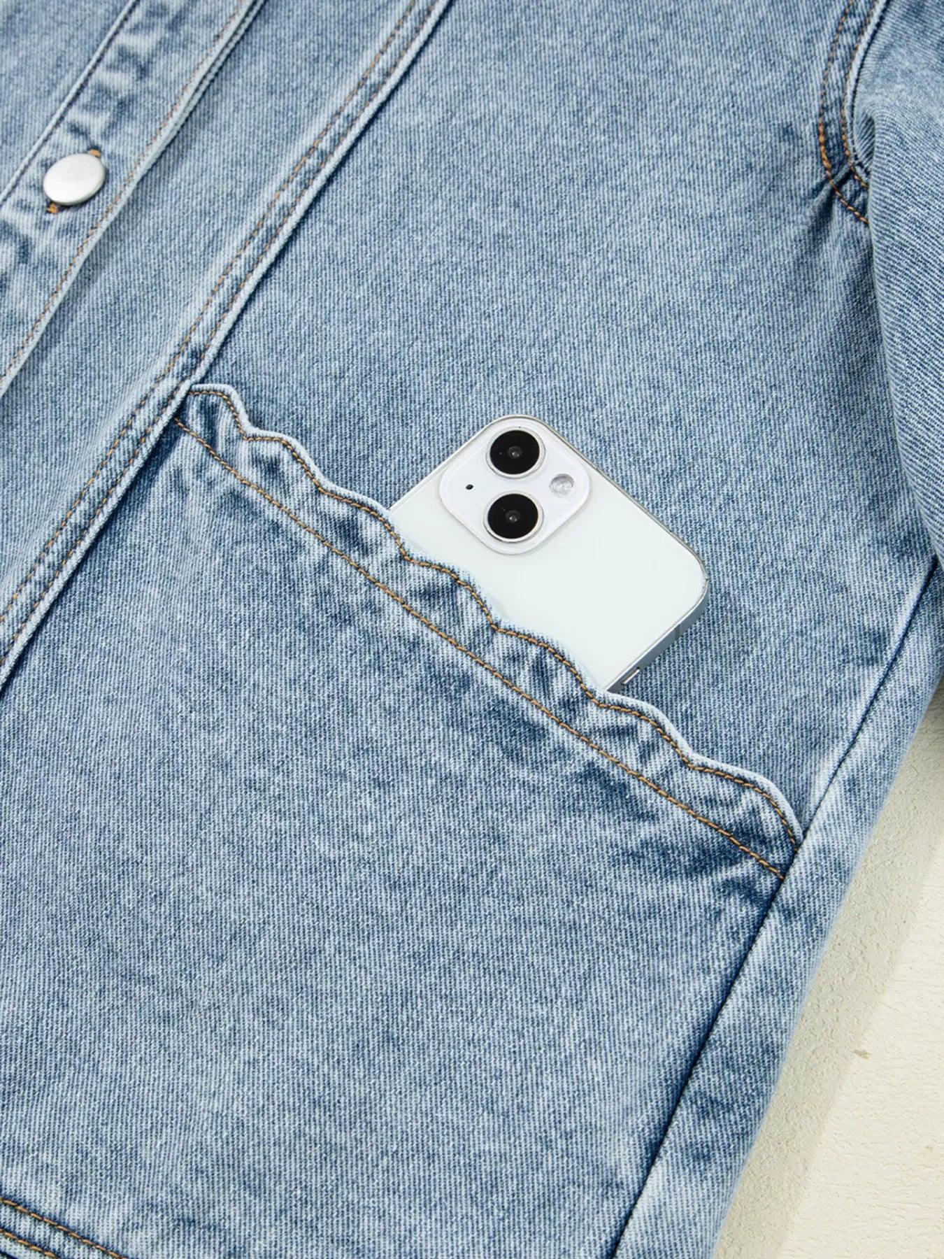 Scallop Trim Collar Patched Pocket Button Up Denim Jacket - DAVERRI FASHIONS