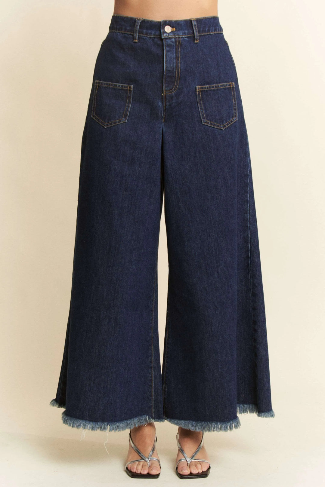 Davi & Dani Patch Pocket Wide Leg Culotte Jeans | Jeans Daverri Fashions