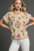 Beige Umgee embroidered floral top with scallop flutter sleeves and drawstring hem