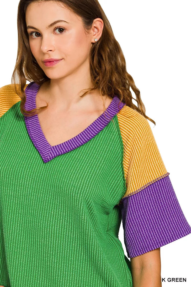 Zenana Mardi Gras raised rib color block top in green with purple yellow striped sleeves