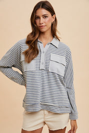 Annie Wear Striped Button Detail Long Sleeve Polo Top Grey Combo Tops