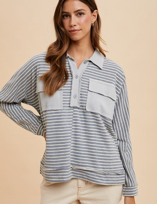 Annie Wear Striped Button Detail Long Sleeve Polo Top Grey Combo Tops