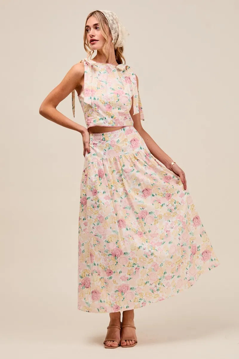 SO ME Floral Printed Woven Shoulder Bow Tie Top and Skirt Set Outfit Sets