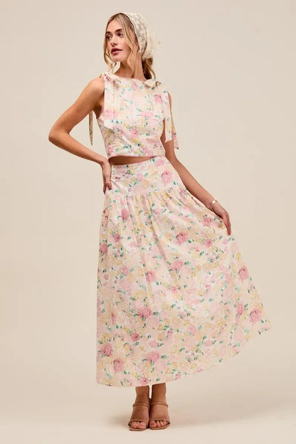 SO ME Floral Printed Woven Shoulder Bow Tie Top and Skirt Set - DAVERRI FASHIONS