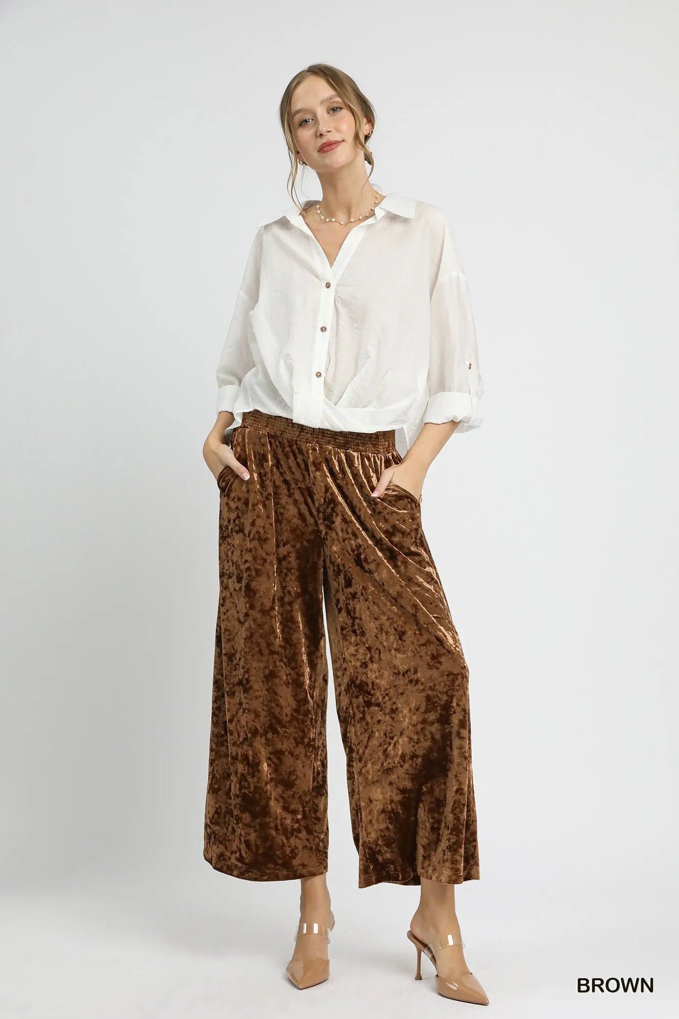 Umgee Velvet Smocked Waistband Wide Leg Pants Pants