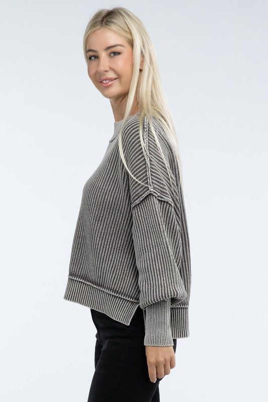 Washed Side Slit Oversized Cropped Cotton Sweater Tops