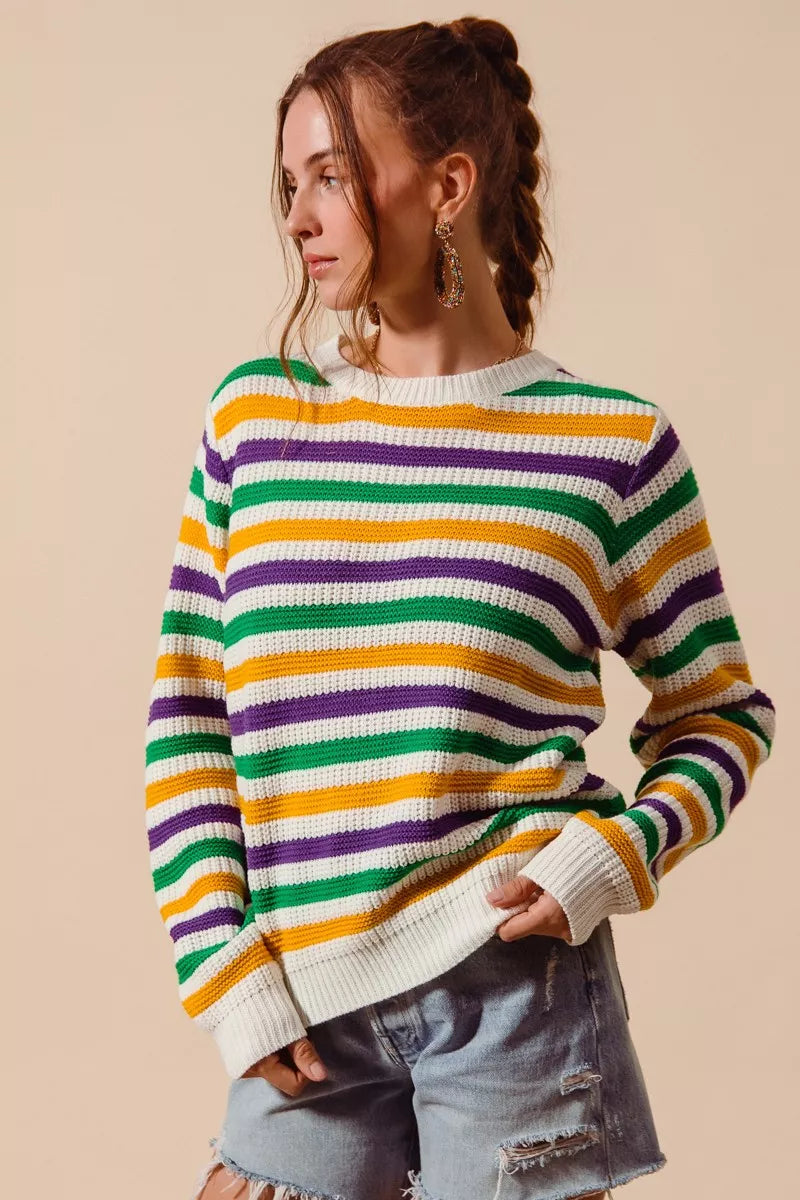 Cozy SO ME Mardi Gras striped knit sweater top in green, purple, yellow, white