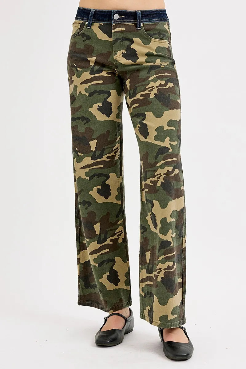 RISEN Camouflage Wide Leg Jeans Green Camouflage Jeans