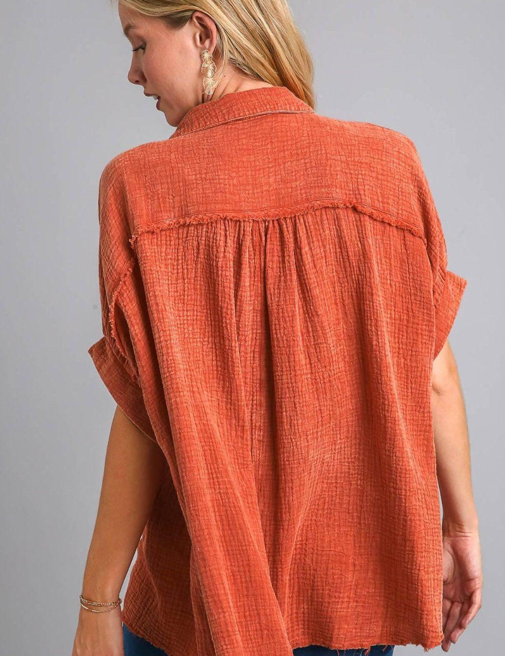 Umgee Full Size Cotton Gauze Mineral Wash Button Down Shirt Plus Size | Daverri Fashions
