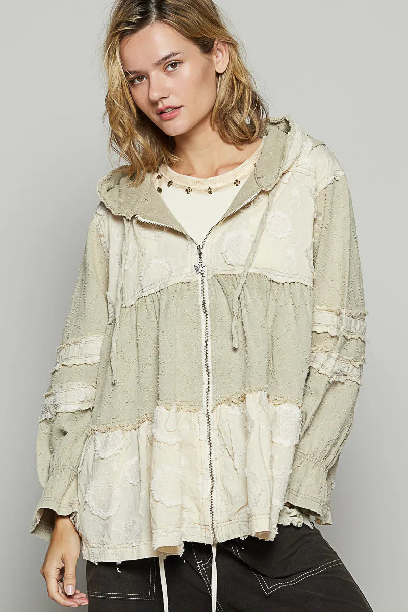 POL Raw Hem Color Block Hooded Jacket Jackets