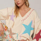 POL V-Neck Long Sleeve Star Fringe Sweater - DAVERRI FASHIONS