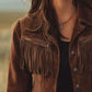 Brown faux suede fringe button-up jacket with front zipper and sleeve details