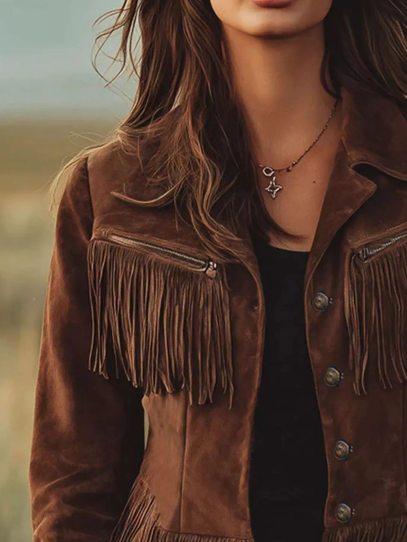 Brown faux suede fringe button-up jacket with front zipper and sleeve details
