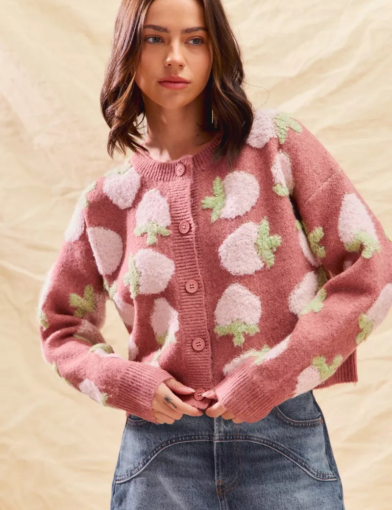 MARSALA SO ME Strawberry Fruit All Over Button Sweater Cardigan | Cardigans Daverri Fashions