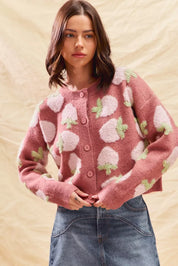 MARSALA SO ME Strawberry Fruit All Over Button Sweater Cardigan | Cardigans Daverri Fashions