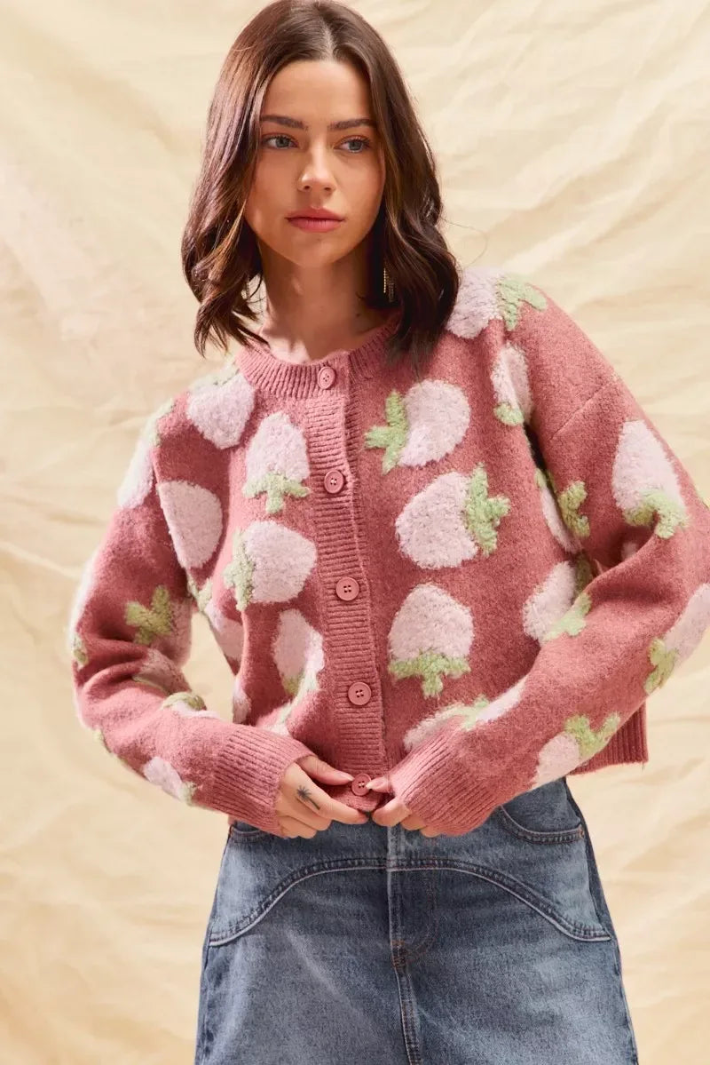 SO ME Strawberry Fruit All Over Button Sweater Cardigan - DAVERRI FASHIONS